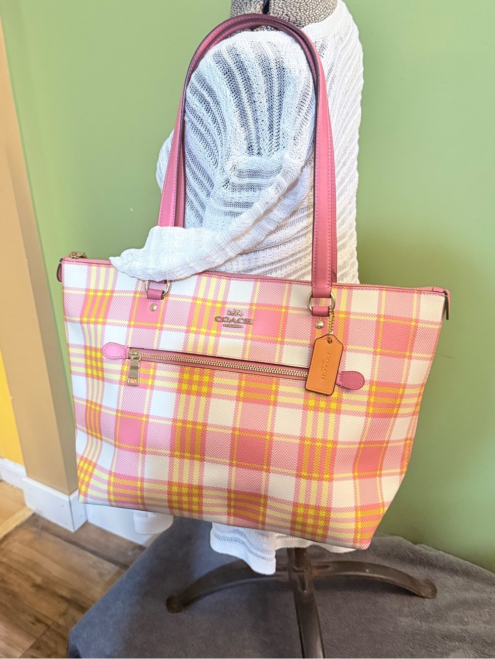 Coach Garden Plaid Gallery Tote in Taffy Pink/Yellow/White